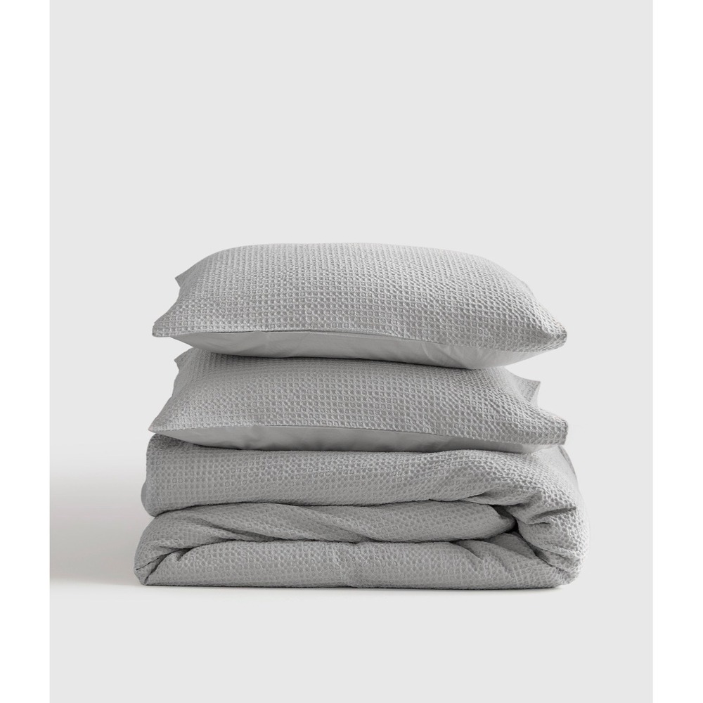 Quince Luxe Honeycomb 100% Organic Cotton Duvet Cover Set 2 Shams Grey King Cal